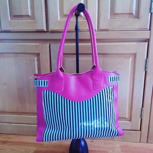 Jazzd Medium Pink Fuchsia Shoulder Hobo Tote Purse Bag Black White Stripes